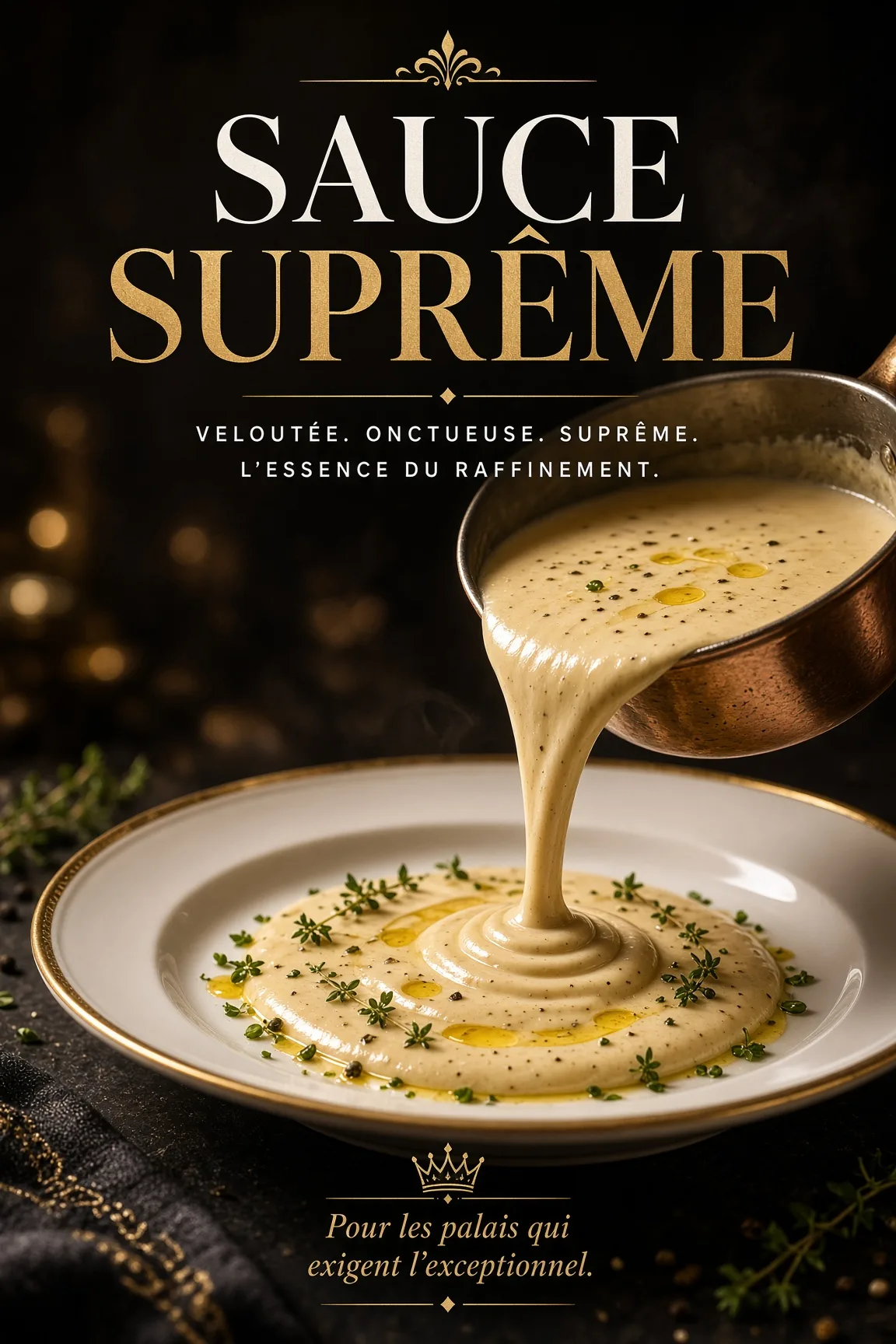 Sauce suprême onctueuse et brillante nappée sur un suprême de volaille, lumière naturelle