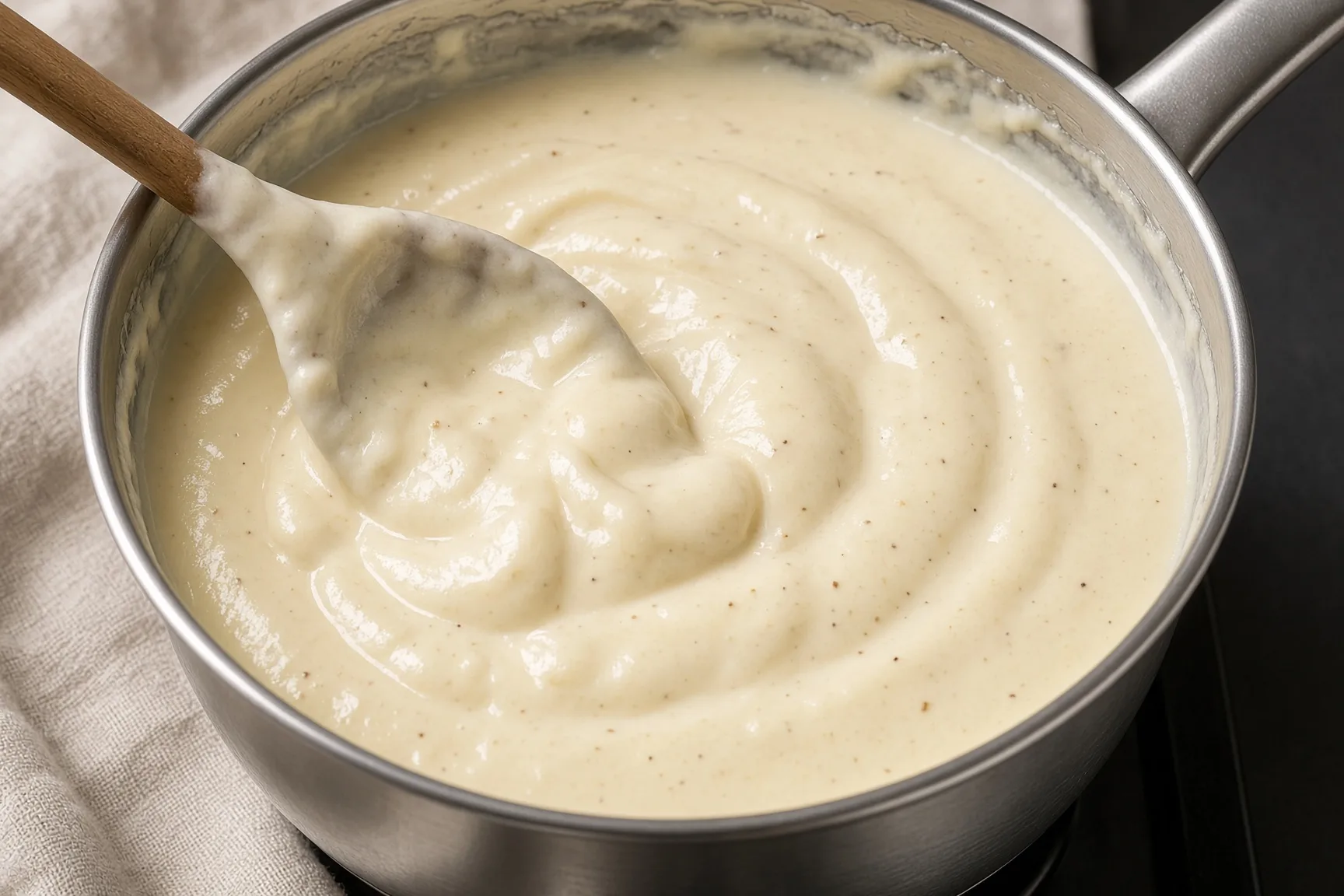 Sauce béchamel nappante dans une casserole, texture lisse et brillante, lumière naturelle