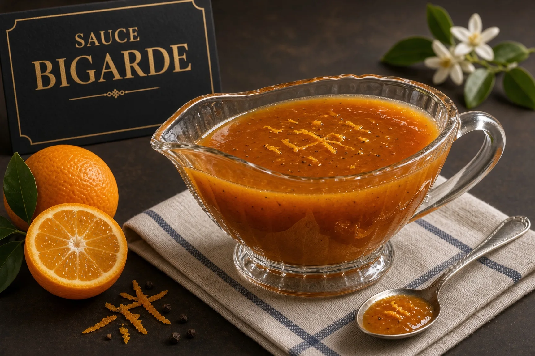 Sauce bigarade brillante nappée sur un magret de canard rosé, zestes d’orange visibles, lumière naturelle
