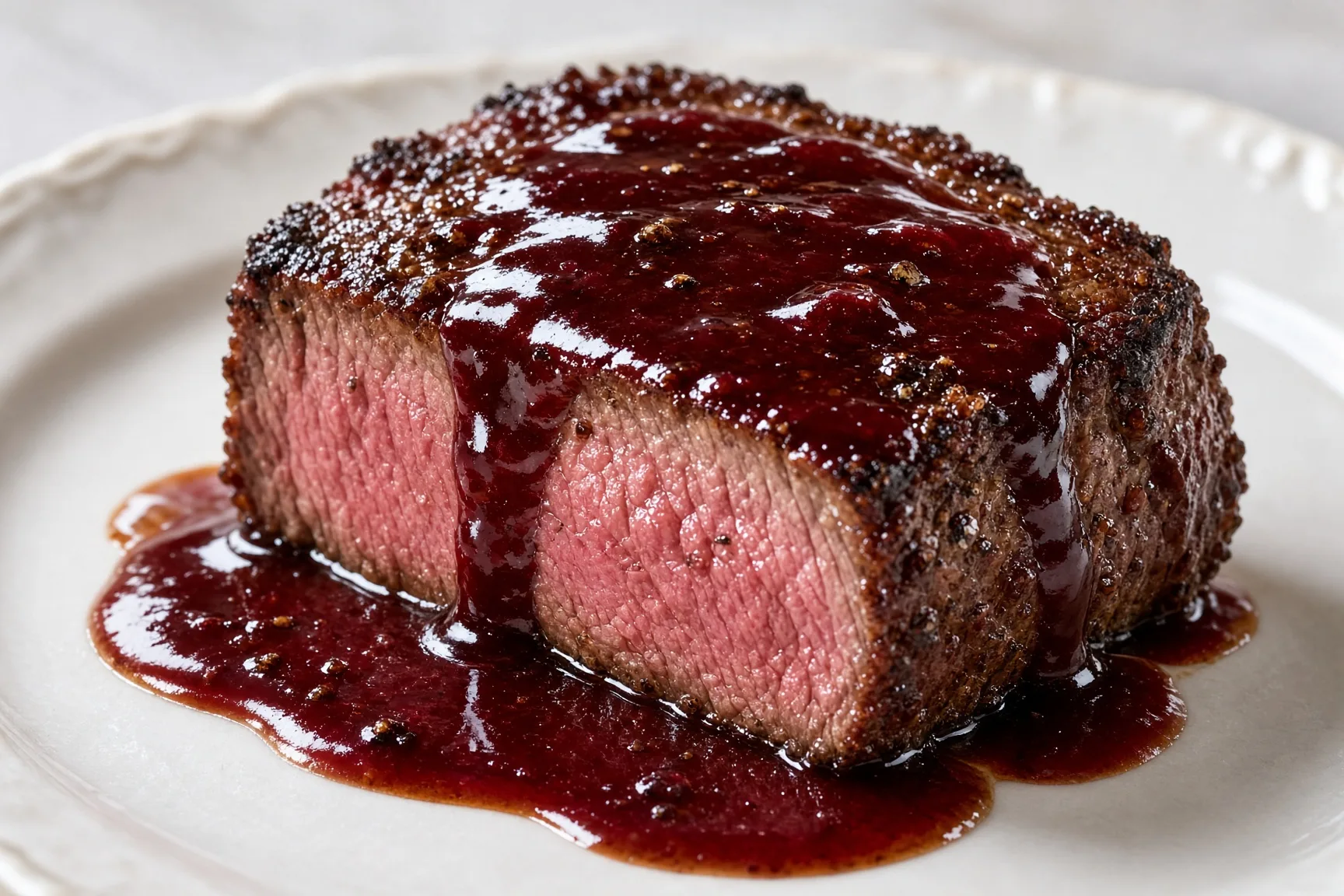 Sauce au vin rouge brillante nappée sur une pièce de bœuf rosée, lumière naturelle