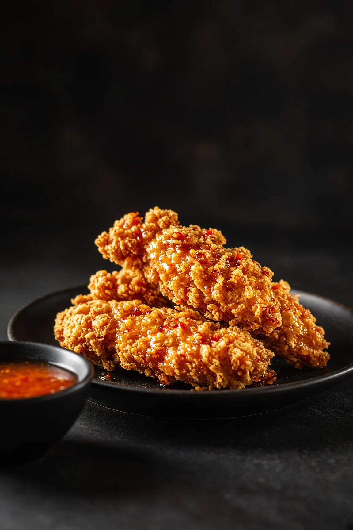 Tenders de poulet ultra-croustillants dorés, croûte crackly visible, trempés dans sauce miel-sriracha, lumière naturelle, fond sombre élégant