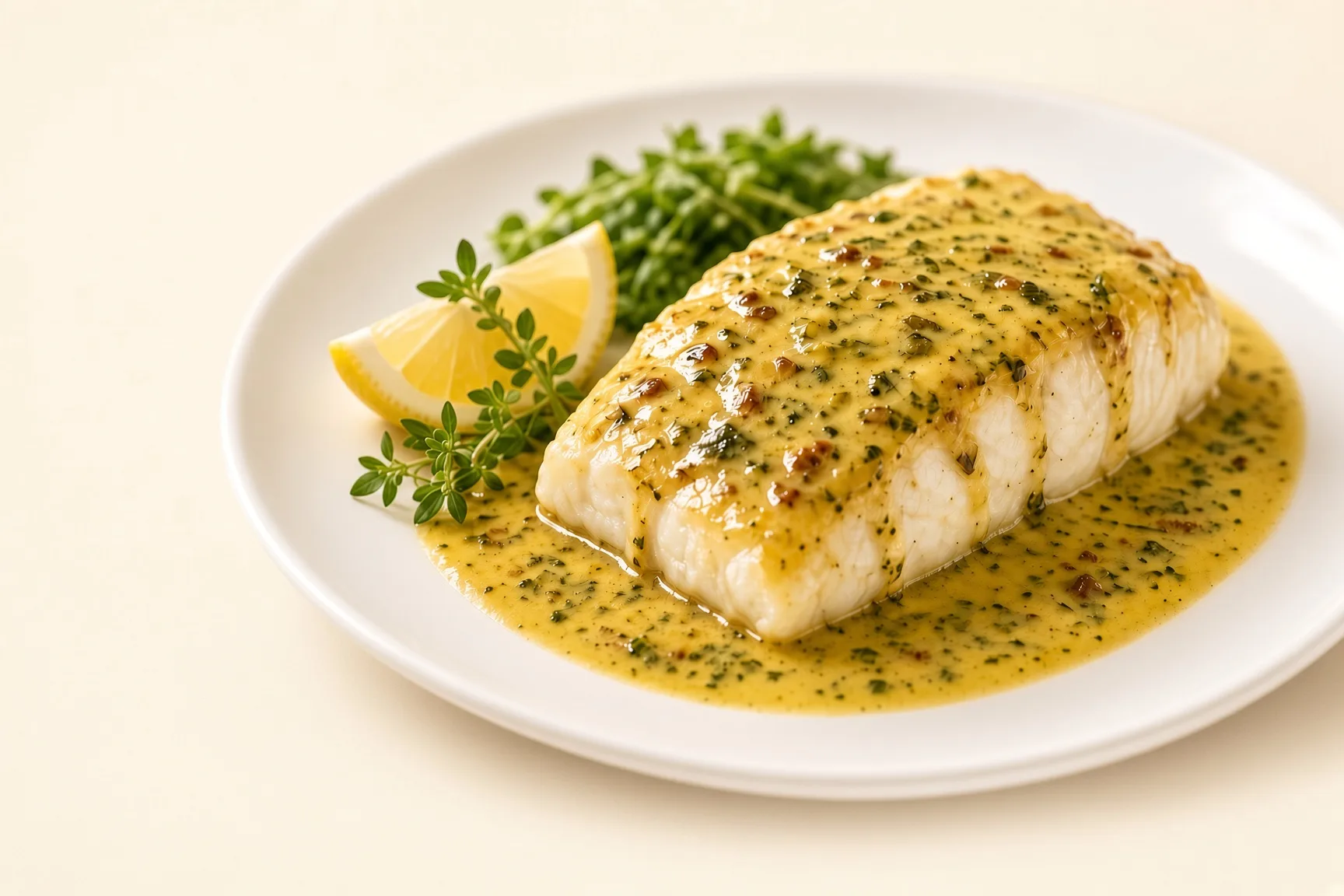Sauce Amiral brillante nappée sur un filet de poisson blanc, câpres et cornichons visibles, lumière naturelle