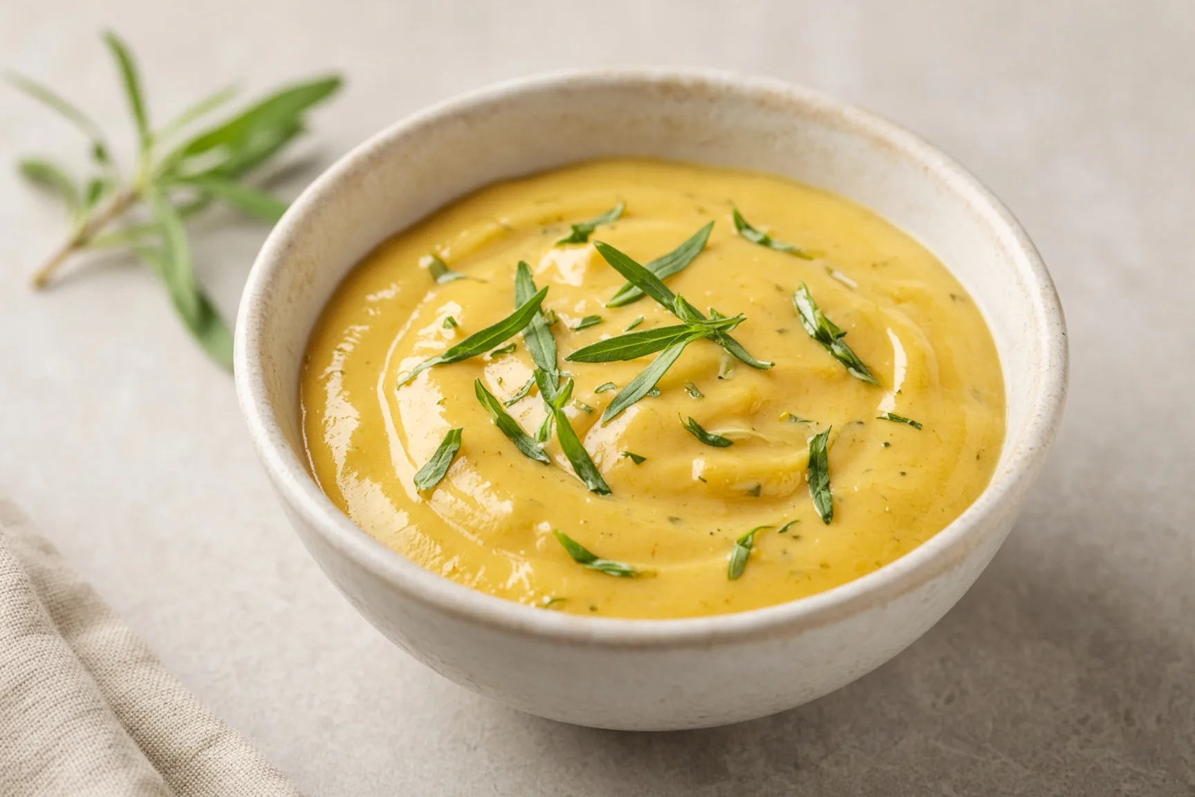 Sauce hollandaise nappante servie sur des asperges blanches, texture brillante visible, lumière naturelle