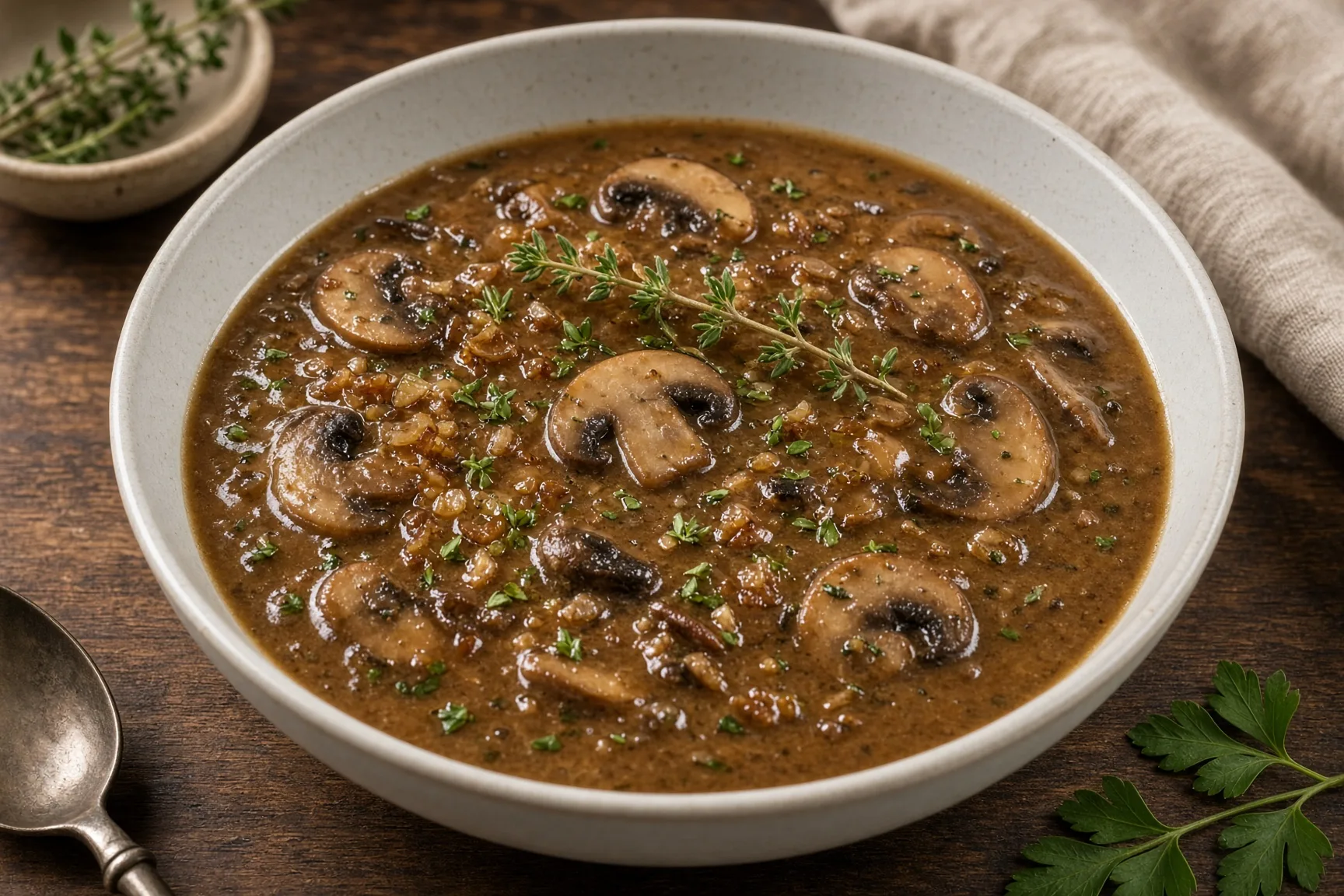 Sauce chasseur onctueuse avec champignons et estragon, nappée sur un morceau de poulet rôti, lumière naturelle