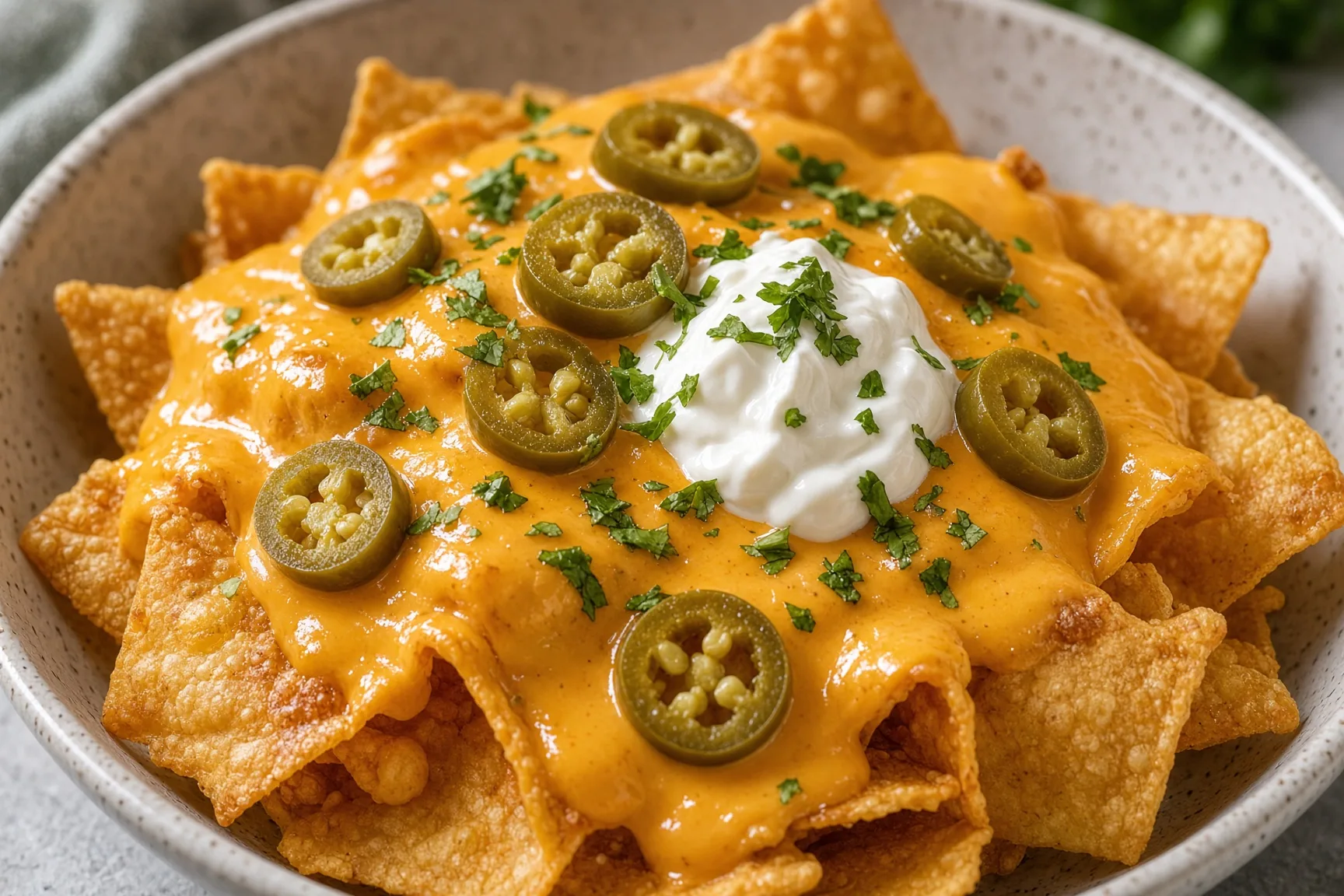 Sauce nacho cheese soyeuse et brillante nappée sur des chips dorées, jalapeños et crème aigre, lumière naturelle, texture ultra-crémeuse visible