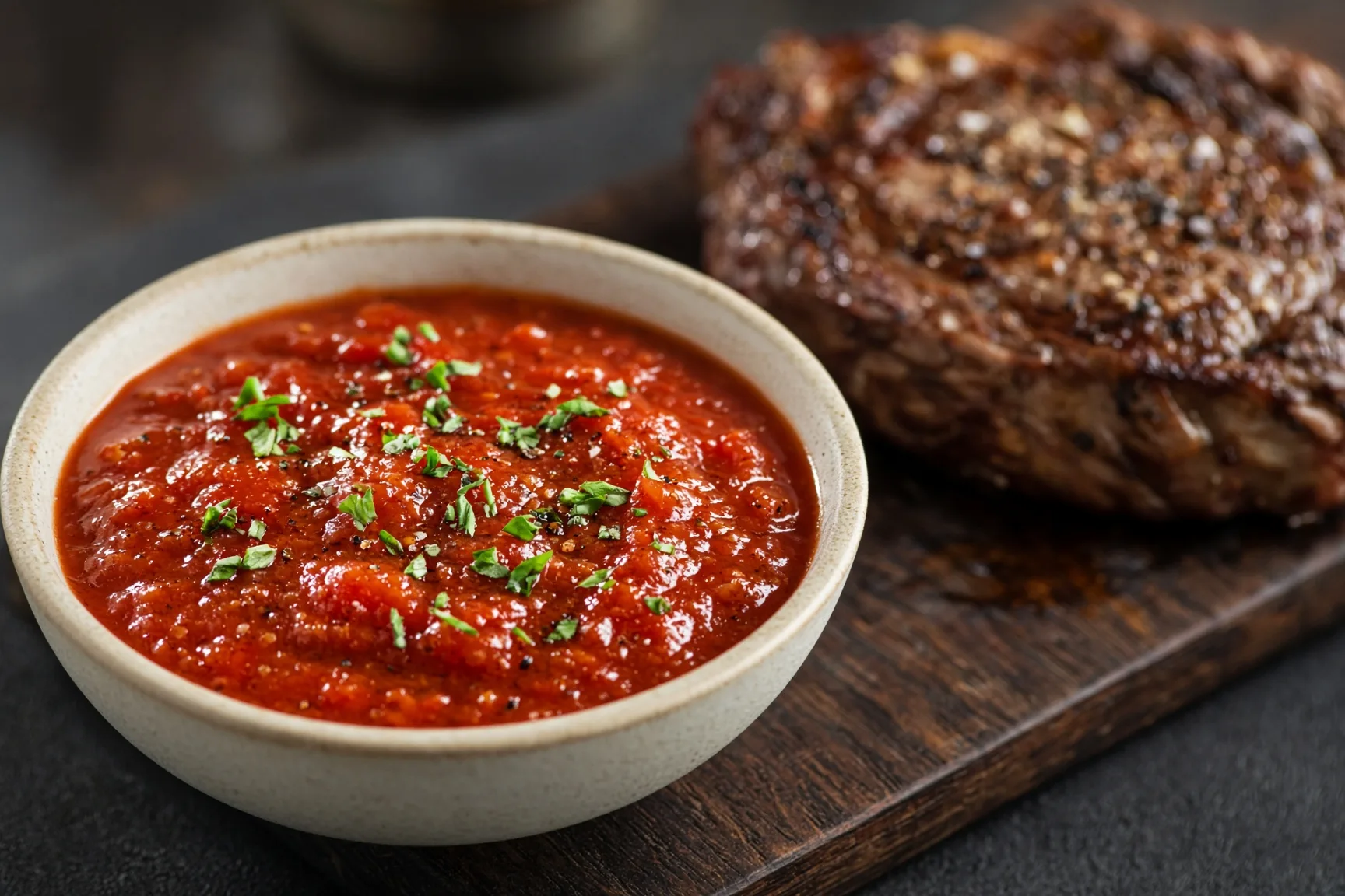 Sauce tomate réduite et brillante dans une casserole, texture onctueuse, lumière naturelle