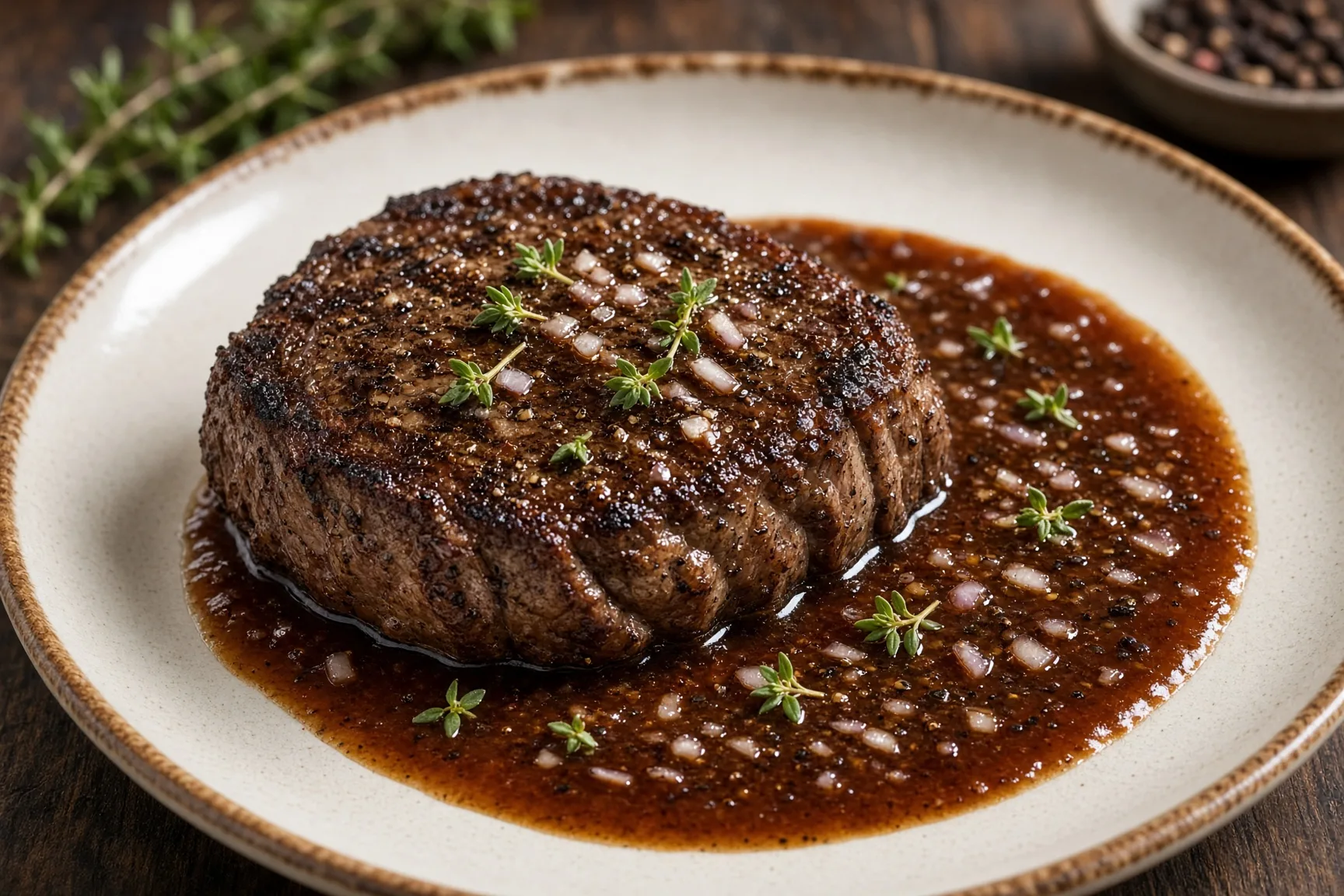 Sauce bordelaise brillante nappée sur une pièce de bœuf rosée, moelle visible, lumière naturelle