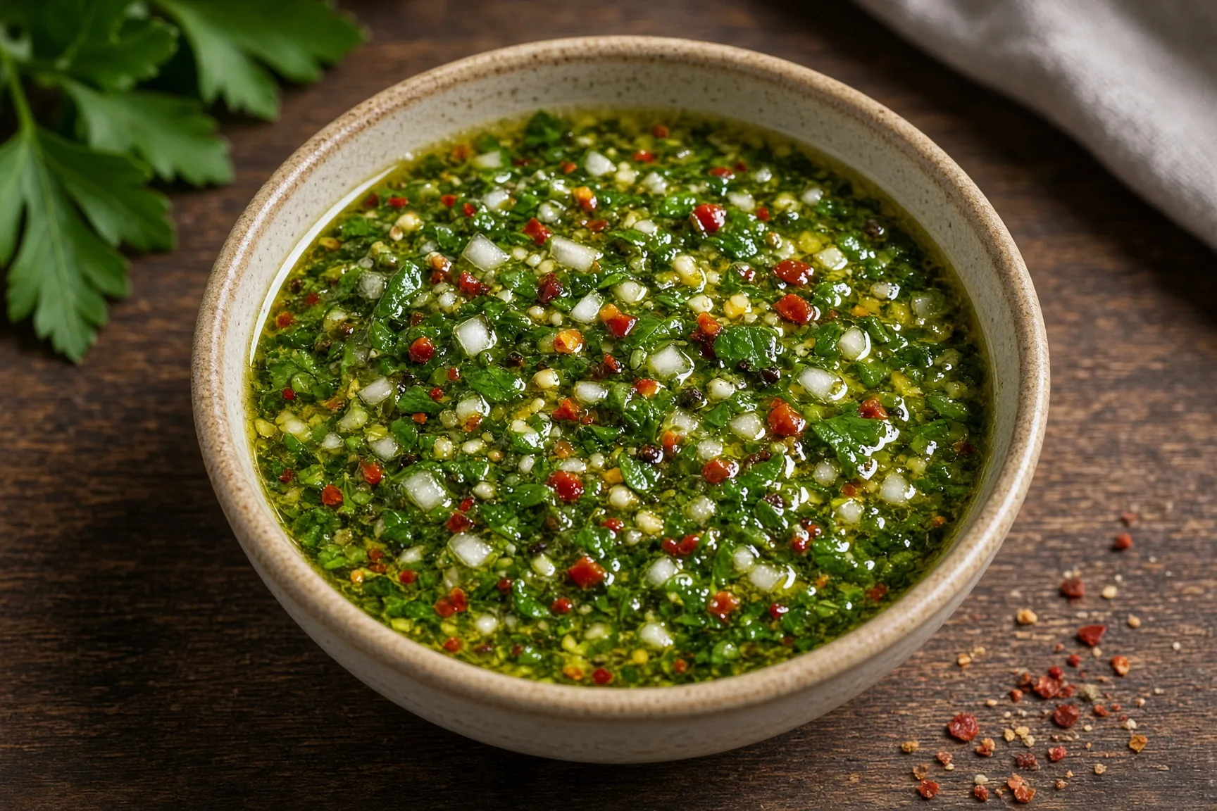 Chimichurri vert vif dans un bol, texture ciselée visible, huile brillante, lumière naturelle