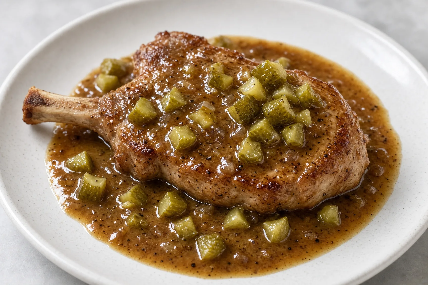Sauce Robert nappante avec cornichons visibles, servie sur une côte de porc, lumière naturelle