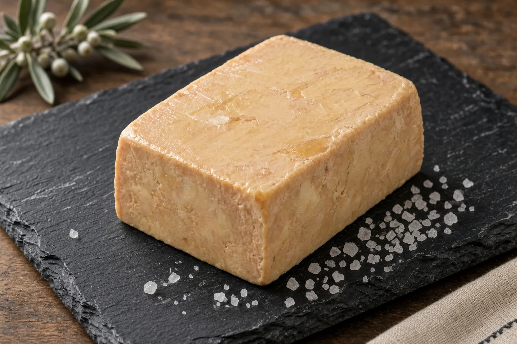 Foie gras au gros sel tranché finement, texture rosée et fondante, fleur de sel visible, lumière naturelle
