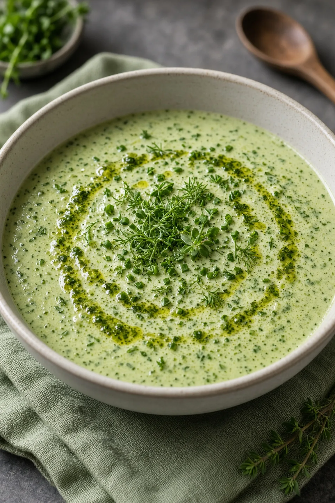 Sauce velouté aux herbes d’un beau vert vif, texture soyeuse, servie avec un poisson blanc, lumière naturelle