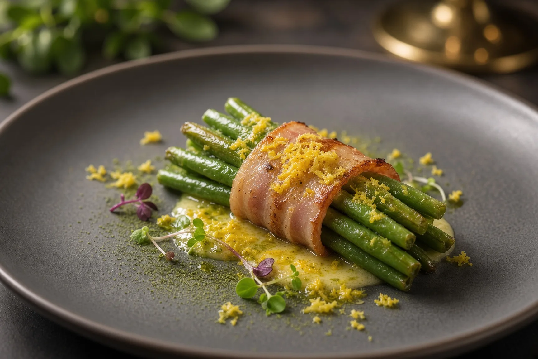 Fagots de haricots verts lardés brillants, lard croustillant doré, nappés de beurre, zeste de citron visible, lumière naturelle
